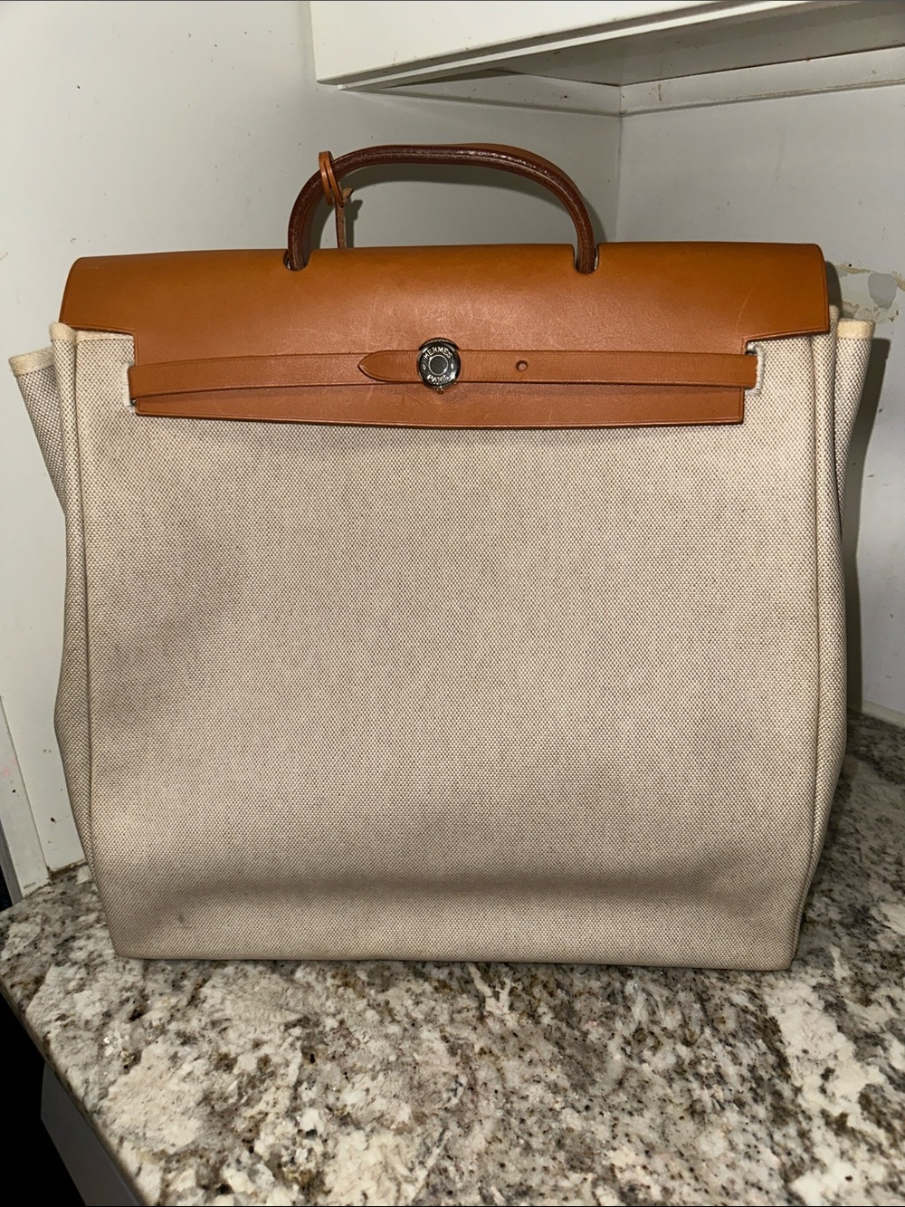 Hermes Beige Canvas Tote with Tan Leather Trim